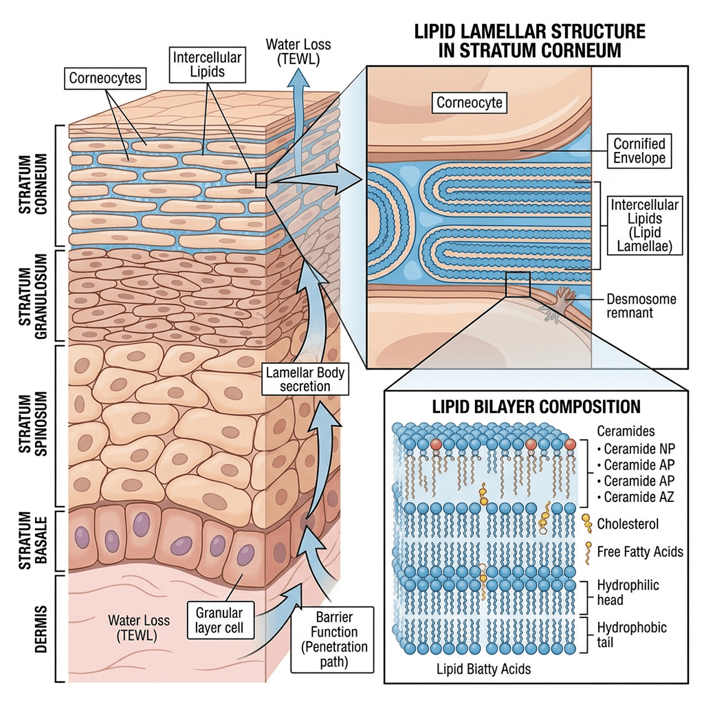 Cross-section diagram of skin layers showing lipid lamellar structure in stratum corneum and lipid bilayer composition